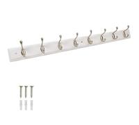 Keypak Wall Mounted Coat Rack - 8 Double Satin Nickel Hooks on Ridged White Board - 84cm Wooden Hookrail for Clothes, Bedroom, Entryway, Cloakroom