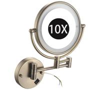KEYQEEN 8" Wall Mounted Lighted Makeup Mirror, Light Up Double Sided 1X/10X Magnifying Mirror, 360 Swivel Extendable LED Bathroom Vanity Mirror,Bronze,Hardwired