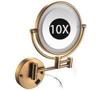KEYQEEN 8" Wall Mounted Lighted Makeup Mirror, Light Up Double Sided 1X/10X Magnifying Mirror, 360 Swivel Extendable LED Bathroom Vanity Mirror,Brass,Hardwired