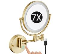 KEYQEEN 8" Wall Mounted Lighted Makeup Mirror, Rechargeable Dimmable Double Sided Magnifying Mirror, Extendable LED Bathroom Vanity Mirror with Lights,Brushed gold,7X