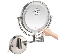 KEYQEEN 8" Wall Mounted Lighted Makeup Mirror, Stepless Dimming Hardwired Magnifying Vanity Mirror, Extendable LED Bathroom Cosmetic Mirror,Brushed nickel,5X