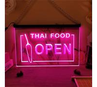 KEYQEEN OPEN Thai Food Shop LED Neon Sign, Restaurant 3D Carving Neon Lights for Business Wall Decor USB Luminous Signs,Pink,60x40cm