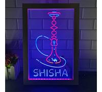 KEYQEEN Shisha Shop LED Neon Sign, Hookah Dual Color Decoration Photo Frame Table Lamp Creative Desk Wood 3D Night Lights,Blue Red,32x42cm