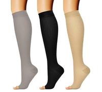 KEYRI 3 Pairs Flight Compression Socks, Toeless Support Socks Open Toe Compression Stockings Calf Pressure Socks Flight Socks for Women Men Nurse Flying Travel Work Running (Black, Beige, Gray, L-XL)