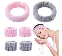 KEYRI 6 Pcs Spa Headband Wrist Washband Set Face Wash Wristband Soft Elastic Headband Wrist Bands for Face Washing Skincare Facial Headband Washing Band for Women Girls Makeup Bath Shower (Pink, Gray)