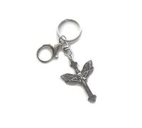 KEYRING - Moth Skull Body Cross - Silver Plated. 30mm Split Ring And Trigger Clasp. Goth Emo Rock. Key Ring. Moth Cross