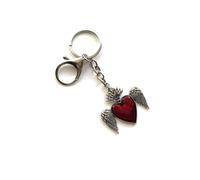 KEYRING - Red Jewel Heart With Wings - Silver Plated. 30mm Split Ring And Trigger Clasp. Goth Emo Rock. Key Ring. Red Heart Wings
