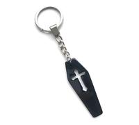 KEYRING - Silver Plated Keychain. 30mm Wide Split Ring. Gothic, Emo, Horror, Fantasy. Black Coffin With Cross