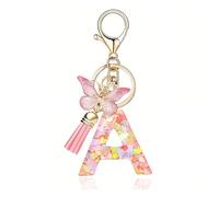Keyrings,Personalised Alphabet A Keyring for Women Tassel Butterfly Pendant Pink Cute Resin Car Keyring for Girls Women Girlfriend Daughter Sister Birthday Gift Purse Bag Handbag Luggage Travel Deco