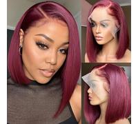 Keytac Burgundy Lace Front Bob Wigs Human Hair Pre Ripped Blunt Cut Glueless 13 x 4 HD Transparent Lace Front Straight Short Red Bob Wig With Baby Hair Wig D
