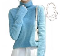 KEYULI Angora Sweater Women Cashmere Turtleneck Sweater,Lady Cashmere Blend Loose Warm Sweater,Women's Solid Turtleneck Knit Sweater with Necklace (Lake Blue,M(45-55kg))