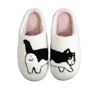 KEYUSHOP Fuzzy Plush Cute Cartoon Cat Slippers Women's Winter House Slippers Size 5.5 UK Black White