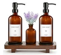KEYWING 16oz Amber Glass Kitchen Soap Dispenser Set with Wood Tray
