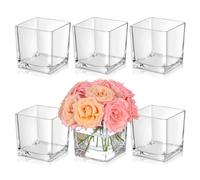 KEYWING 6 Pack Square Glass Vase 4" x 4" x 4", Clear Flower Vases for Centerpieces, Square Glass Cube Vase Candle Holder for Wedding, Party, Home Office Decoration