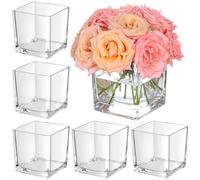 KEYWING 6 Pack Square Glass Vase 5" x 5" x 5", Clear Flower Vases for Centerpieces, Square Flower Vase Candle Holder for Wedding, Party, Home Office Decoration