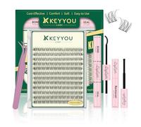 KEYYOULASH Cluster Lashes Kit 144pcs 8-16MIX Natural Wispy Cluster Lashes Thin Band Lash Extension Kit with Bond and Seal,Remover,Applicators for beginner DIY Eyelashes at Home (KY10 Kit)