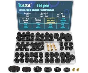 KEZE 114 PCS 12 Size Tap Washers Assorted Kit with Brass Bibb Screws Assortment Flat and Beveled Rubber Washer Fits 1/4'',3/8'',1/2'',3/4'' Taps Stem Leak Worn Out Seal Repair