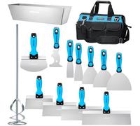 KEZERS Drywall Hand Tool Kit, 14 Pieces Stainless Steel 1.5" 2" 4" 5" 6" Putty Knife, 8" 10" 12" 14" Taping Knife, 14" Mud Pan, 6" Bucket Scoop, 11-in-1 Paint Scraper, 16" Mud Mixer & Tool Bag