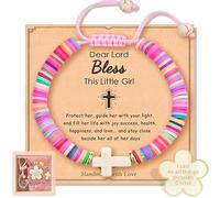 KEZIAHXU Cross Bracelet & Badge Gift Set for Boys & Girls - Perfect for Baptism, First Communion, Sunday School Rewards, Colorful Polymer Clay Slice Braided Bracelet, 3+Years Old Kids