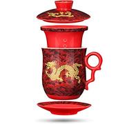 KFGISD, Bowls,Chinese Dragon Pattern Tea-Mug 4pcs Kit with Strainer Infuser and Lid and Saucer Ceramic Tea Mug Chinese Porcelain Personal Tea Cup 1,Teacups(Red)
