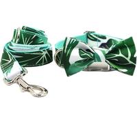 KFGISD, Fashion Print Dog Collar and Leash Set Adjustable Dog Collar with Bow Tie and Quick Release Metal Buckle Anti-Twist Leash ，Dog Collar(Green,S)