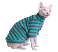 KFGISD, High Neck Striped Stretch Cattoming Shirt, Suitable for Sphynx and Other Hairness Cats-Black green stripes ，Cat Clothing(XXL+)