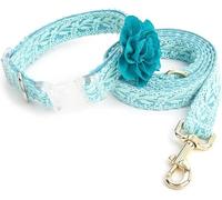 KFGISD, Lace Dog Collar and Leash Set Cotton Puppy Collar Handmade Embroidered Dog Collar with Flower ，Dog Collar(Blue,L)
