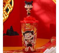KFGISD, Nezha Shaped 500ml Large Capacity PP Straw Cup with Doll Decoration - Heat Resistant to 50°C,Ornaments(B)
