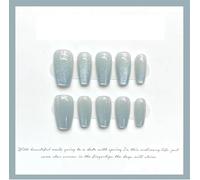 KFGISD, Press on Nails Handmade Simple Blue Press on Nails Short Cat Eye Design Reusable Adhesive Fake Nails Round Head Full ，Short False Nails
