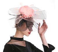 KFGISD, Women Big Flowers Hats Solid Mesh Floral Feather Sturdy Bands Retro Tea Party Mesh Caps,Feather Flower Hair Clip(Pink Black Band)