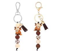 KFHENSOMR 2pcs Silicone Cattle Keychains with Tassel Bead Charms, Cute Cow Keychain, Cows Print Keychain Wristlet for Handbags Backpacks Car Keys, Cow Lover Gifts for Women Men (Brown)