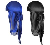 KFHENSOMR 2PCS Silky Satin Durag for Kids Boys with Wave Caps Set, Long Tail and Wide Strap Headwraps Breathable Pirate Cap Perfect for 360 Waves Dreadlocks, Black/Blue