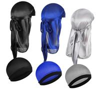 KFHENSOMR 6 Pcs Kids Silky Durag with Wave Caps Set Kids Polyester Durags Head Wrap Unisex Baby Durags Long Tail and Wide Strap Headwraps Turban Beanies for Boy Toddler Girls (Black, Blue, Silver)