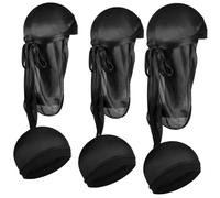 KFHENSOMR 6 Pcs Kids Silky Durag with Wave Caps Set Polyester Durags Head Wrap Unisex Durags Long Tail and Wide Strap Headwraps Turban Beanies for Boy Girls (Black)