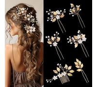 KFHENSOMR Bridal Wedding Hair Pins 6 Pieces Gold Leaf Crystal Pearl Hair Pins Clips Elegant Flower Headpiece Formal Vintage Wedding Hairs Accessories for Brides Bridesmaids Women