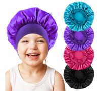 KFHENSOMR Kids Bonnets for Girls Sleeping, 4pcs Elastic Wide Band Silk Satin Bonnets for Curly Natural Hair, Sleep Cap Silk Bonnet for Toddler Boys Children (Blue-Green, Rose Red, Black, Purple)