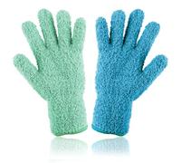 KFHENSOMR Microfiber Dusting Gloves Washable Leaf Cleaning Gloves Mittens Reusable Wash Mitt for Plant Dusting Furniture House Cars Blinds and Small Objects (Green/Blue, 1 Pair)