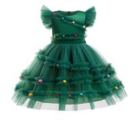 KFIOBQJ Christmas Party Dresses for Girls, Toddler Girls Solid Color Princess Dress with Bow Sash, Flower Girl Pageant Formal Evening Gown (Green, 9-10 Years)