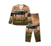 Kfjghhl Aircraft Fighter Jets Pyjamas Set Women Soft Two Pieces Pj'S Sets Long Sleeve Tops Plaid Pants Sleepwear Pockets Black
