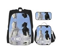 Kfjghhl Black and White Horses Running Pencil Case Backpack Lunch Bag Boys Girls School Bookbag Set College Laptop Student Summer