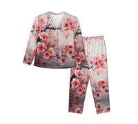 Kfjghhl Japanese Cherry Flowers Pyjamas Set Women Soft Two Pieces Pj'S Sets Long Sleeve Tops Plaid Pants Sleepwear Pockets Black