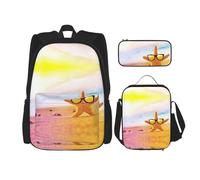 Kfjghhl Lovely Starfishes with Yellow Glasses Beach Pencil Case Backpack Lunch Bag Boys Girls School Bookbag Set College Laptop Student Summer