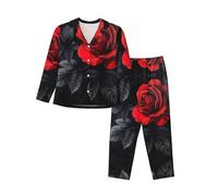 Kfjghhl Red Rose And Black Leaves Pyjamas Set Women Soft Two Pieces Pj'S Sets Long Sleeve Tops Plaid Pants Sleepwear Pockets
