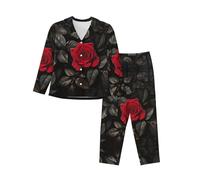 Kfjghhl Red Rose And Black Leaves Pyjamas Set Women Soft Two Pieces Pj'S Sets Long Sleeve Tops Plaid Pants Sleepwear Pockets
