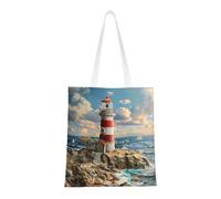 Kfjghhl The Seaside Lighthouse Canvas Totes Strong Student Shoulder Handle Bag Lightweight Back To School Season Teacher