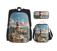 Kfjghhl The Seaside Lighthouse Pencil Case Backpack Lunch Bag Boys Girls School Bookbag Set College Laptop Student Summer