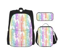 Kfjghhl Unicorns On Colorful Stripes Pencil Case Backpack Lunch Bag Boys Girls School Bookbag Set College Laptop Student Summer