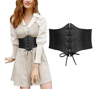 KFLY Corset Belt for Women Elastic Tied Waspie Wide Belt Waist Cincher PU Leather Punk Belts for Dresses Halloween Party (Black, One Size)