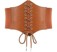 KFLY Corset Belt for Women Elastic Tied Waspie Wide Belt Waist Cincher PU Leather Punk Belts for Dresses Halloween Party (Brown, One Size)