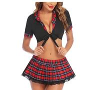 KFLY Sexy Cosplay Lingerie for Women Sets Naughty 2 Pieces School Girls Roleplay Outfits Short Sleeve Crop Top Red Tartan Plaid Skirt Student Uniform for Carnival Halloween